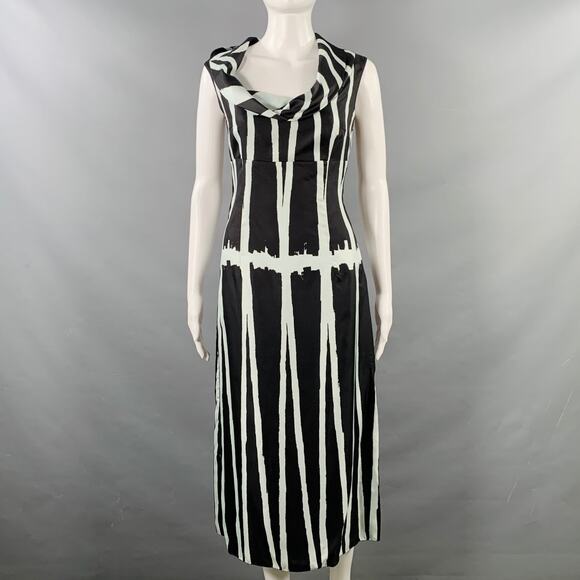 MIU MIU Size 4 Black Light Blue Silk Stripe Cowl Collar Dress - Picture 1 of 9